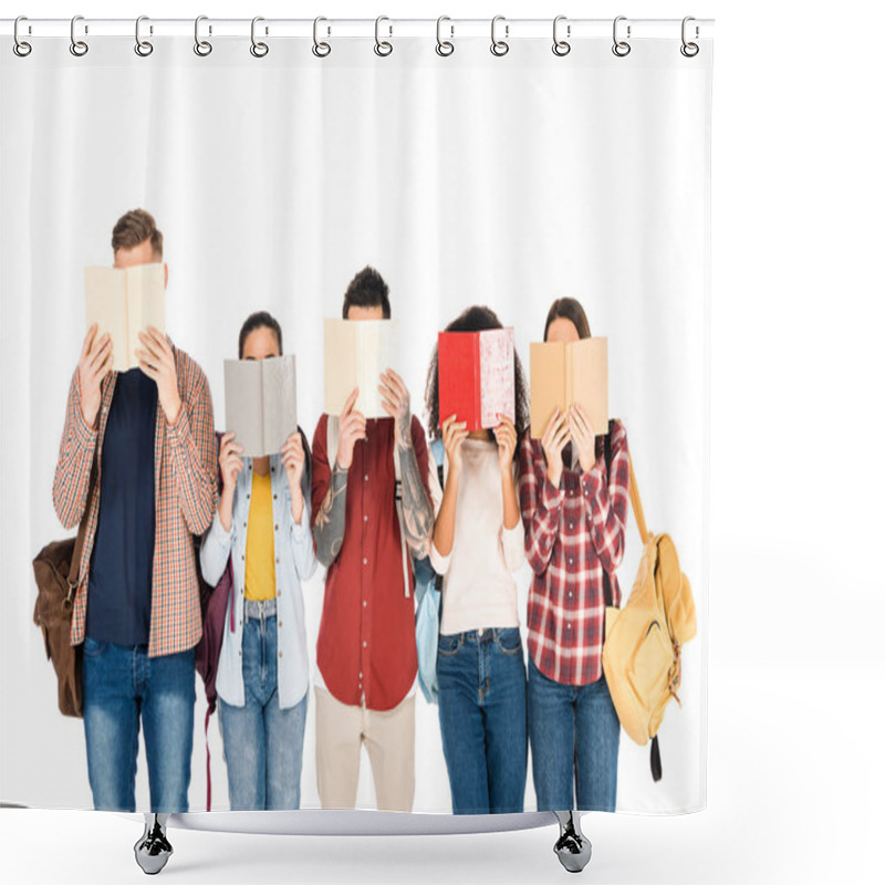 Personality  Group Of Young People Reading Books And Holding Backpacks Isolated On White Shower Curtains