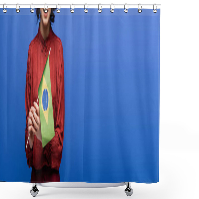 Personality  Cropped View Of Happy Language Teacher Smiling While Holding Flag Of Brazil Isolated On Blue, Banner  Shower Curtains