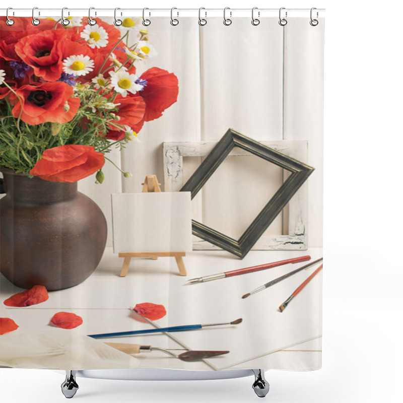 Personality  Art Workshop With Artistic Equipment And Composition Poppies In  Shower Curtains