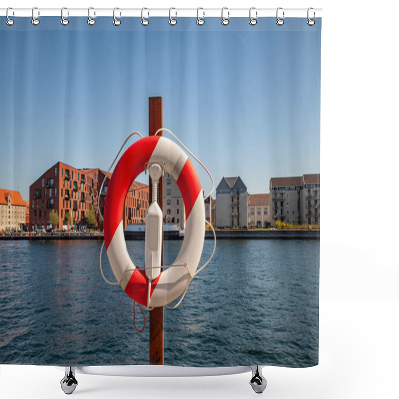 Personality  Close Up View Of Floating Ring With City River And Buildings On Background In Copenhagen, Denmark Shower Curtains