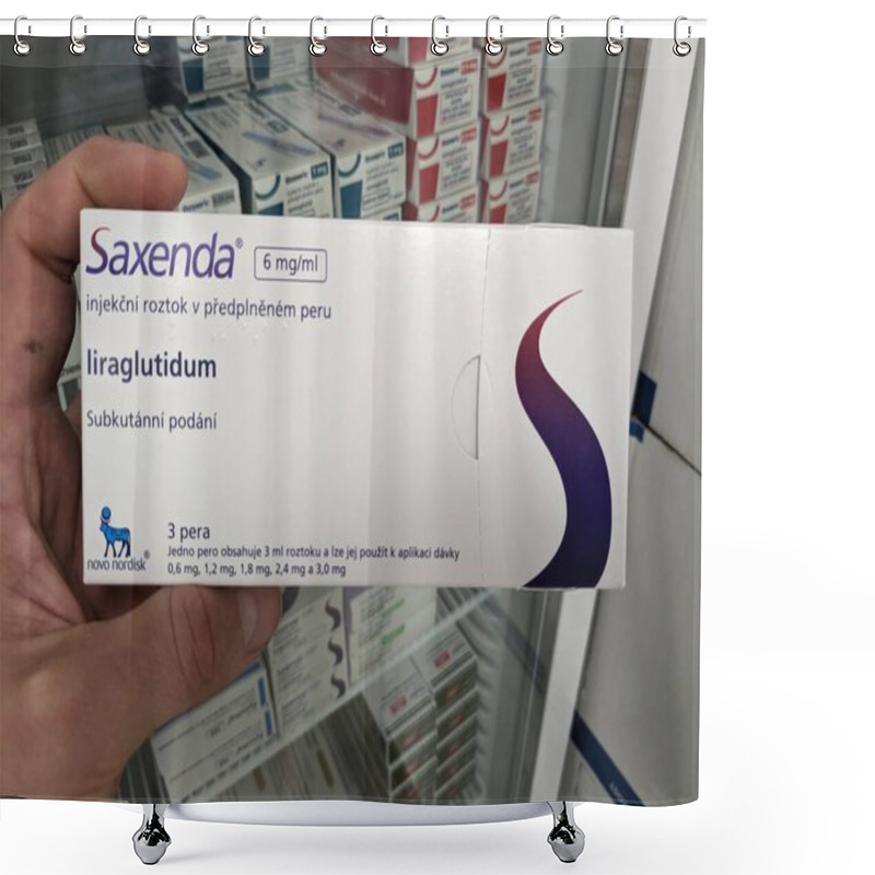 Personality  Prague,Czech Republic-June 28 2024: SAXENDA Box Of Medication Injection With Liraglutide Active Substance By Novo Nordisk,used For Treatment Of Obesity, Weight Management, Diabetes-GLP Shower Curtains