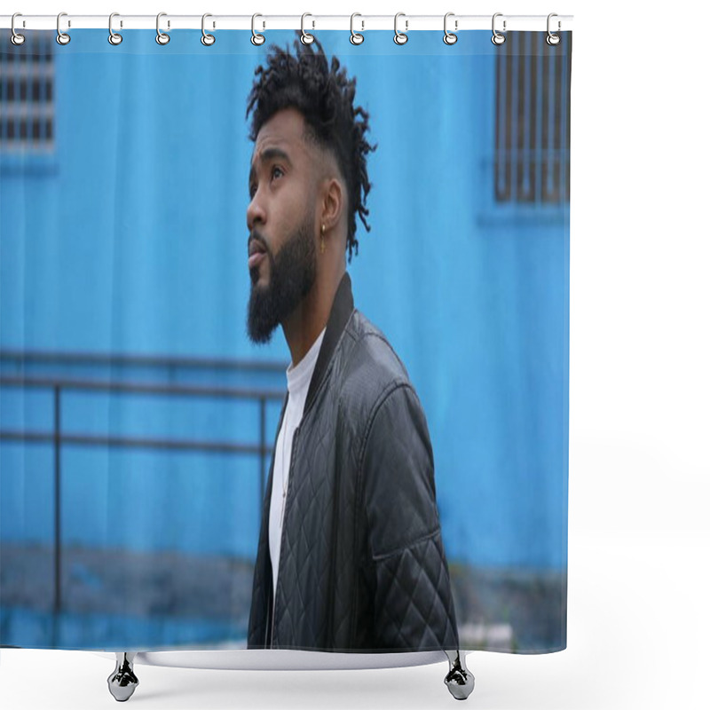 Personality  Thoughtful Man Walking Outside In Urban Street In Contemplation Shower Curtains