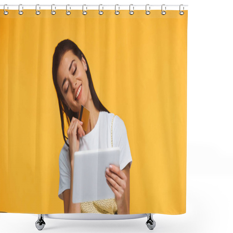 Personality  Cheerful Young Woman Looking At Digital Tablet Isolate Don Yellow Shower Curtains