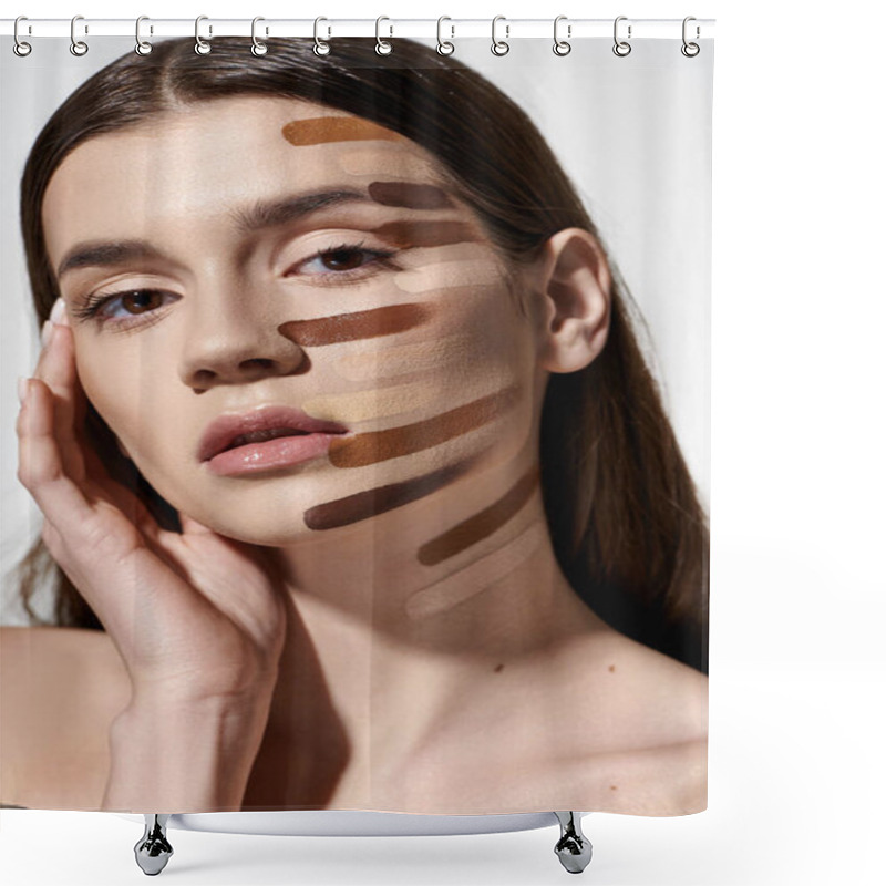 Personality  Refined Young Woman Showcasing Beauty Products Like Foundation. Shower Curtains