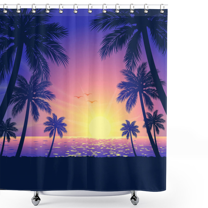 Personality  Warm Tropical Beach Purple Pink Orange Sunset Background With Palm Trees In Foreground Vector Shower Curtains