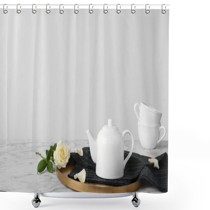 Personality  Tray With Teapot And Rose On Table Against Light Background Shower Curtains