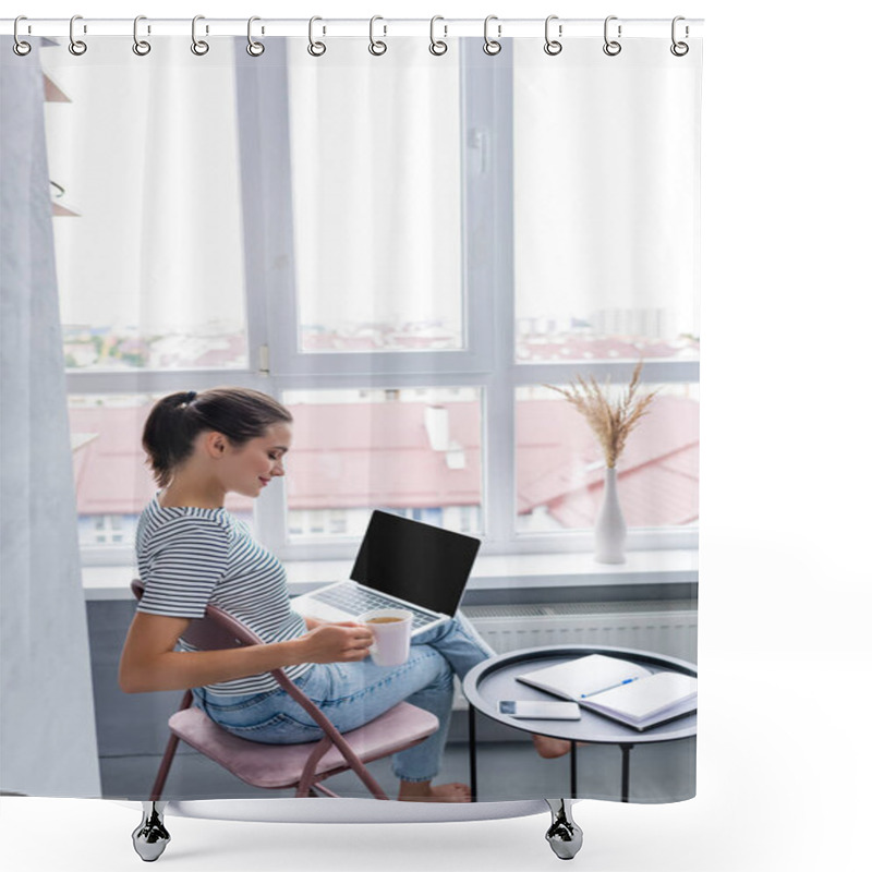 Personality  Selective Focus Of Barefoot Freelancer Holding Cup Of Herbal Tea And Laptop Near Smartphone And Notebook On Coffee Table  Shower Curtains