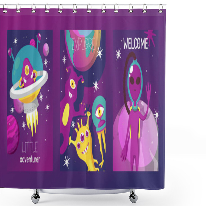 Personality  Monster Alien Set Of Cards Vector Illustration. Cartoon Monstrous Character, Cute Alienated Creature Or Funny Gremlin On Halloween For Kids. Spacecraft In Cosmos Among Stars. Shower Curtains