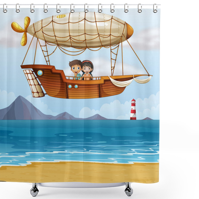 Personality  A Boy And A Girl Riding An Airship Shower Curtains