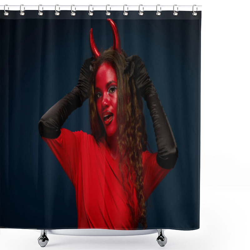 Personality  A Stunning Woman Dressed In A Devil Costume Enthusiastically Engages In Halloween Festivities. Shower Curtains