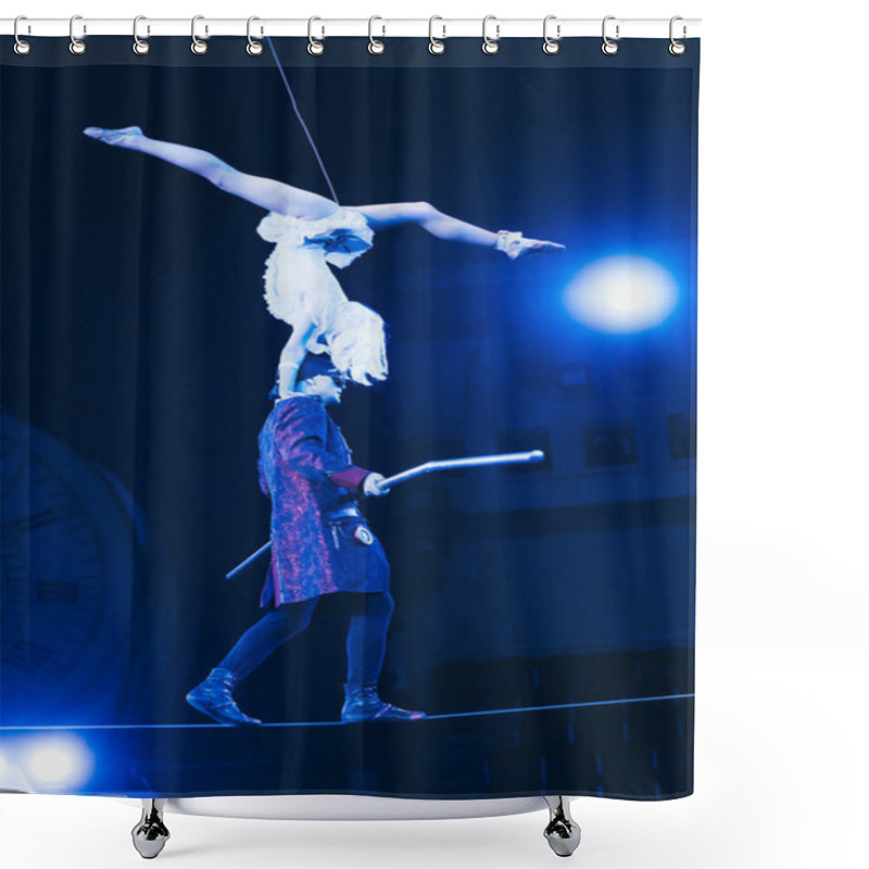 Personality  KYIV, UKRAINE - NOVEMBER 1, 2019: Side View Of Air Gymnast Balancing On Rope In Circus  Shower Curtains