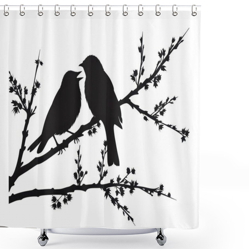 Personality  Two Silhouette Birds Perched On A Branch, Conveying A Sense Of Intimacy And Nature's Beauty. Shower Curtains