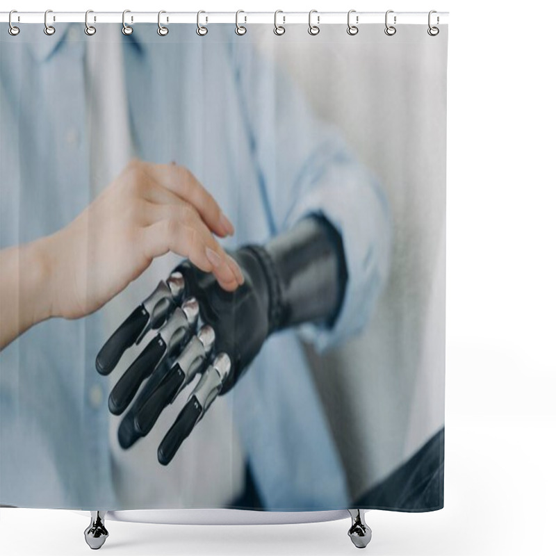 Personality  Hands Of Handicapped Girl Setting Up Her Bionic Arm And Pressing Buttons. Young European Woman With Cyber Hand At Home. Modern Robotic Bionic Prosthesis. Futuristic Technology And Engineering Concept. Shower Curtains