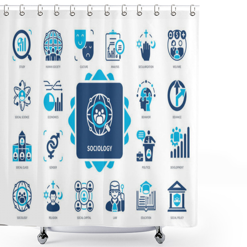 Personality  Sociology Icon Set. Study, Human Society, Culture, Gender, Social Science, Deviance, Social Capital, Secularization. Duotone Color Solid Icons Shower Curtains