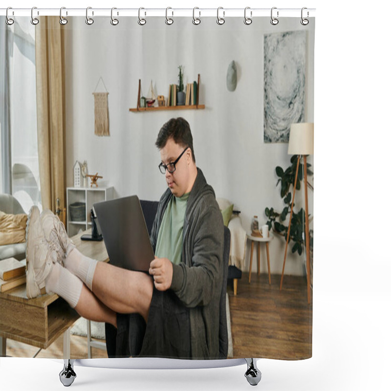 Personality  A Man With Down Syndrome Sits Comfortably At Home, Focused On His Laptop. Shower Curtains