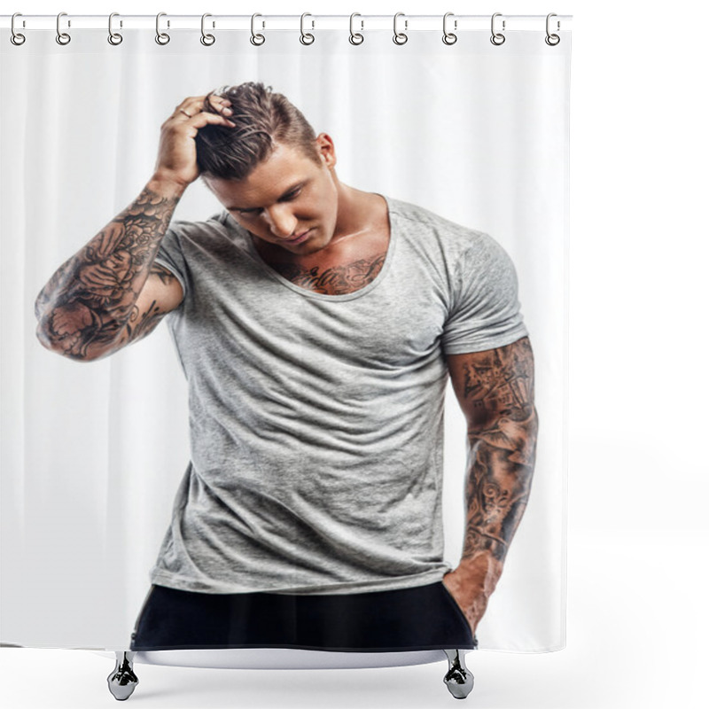 Personality  Tattooed Man In Grey T Shirt. Shower Curtains