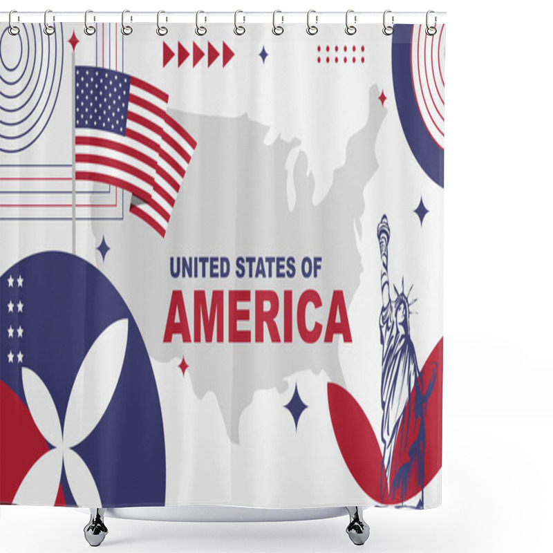 Personality  United States Of America National Holiday Or American Independence Day, Design Background Banner With Statue Of Liberty, Map And American Flag In Modern Retro Style Shower Curtains