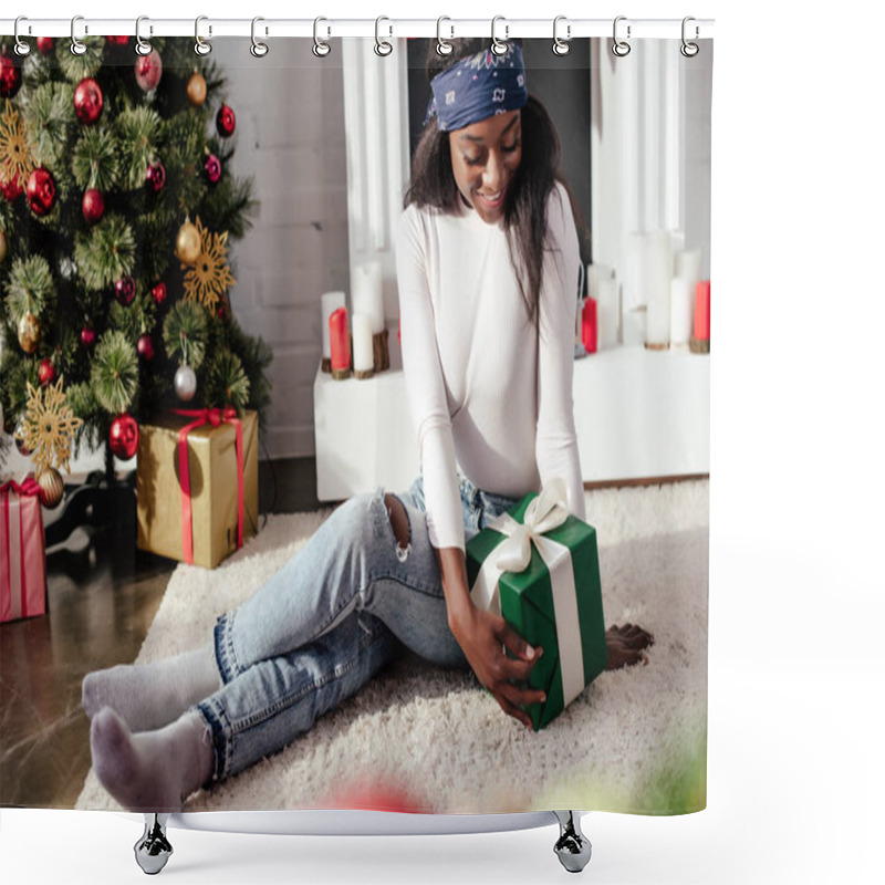 Personality  Happy Attractive African American Woman Looking At Christmas Gift At Home Shower Curtains