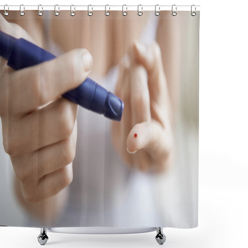 Personality  Woman Using Lancelet On Finger Shower Curtains