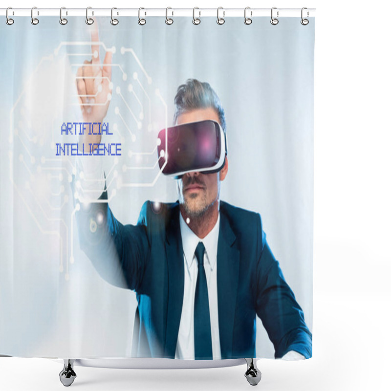 Personality  Businessman In Virtual Reality Headset Touching Brain Isolated On White, Artificial Intelligence Concept Shower Curtains