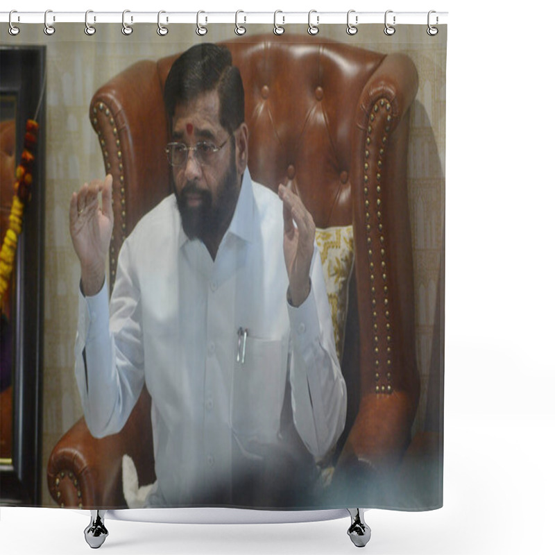 Personality  THANE INDIA NOVEMBER 27 2024 Caretaker Chief Minister And Shiv Sena Leader Eknath Shinde Is Seen Presenting His Position At A Press Conference At His Residence On November 27 2024 In Thane India Amid Suspense Over The State S Next Chief Minister Care Shower Curtains