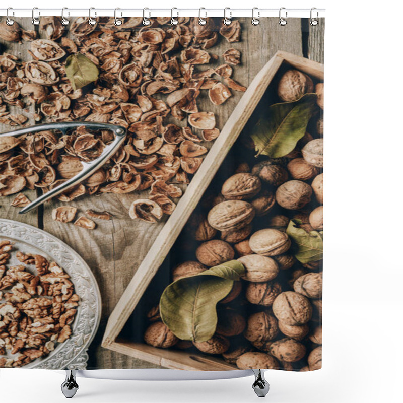 Personality  Top View Of Walnuts In Box, Nutcracker And Nutshells On Wooden Table Shower Curtains