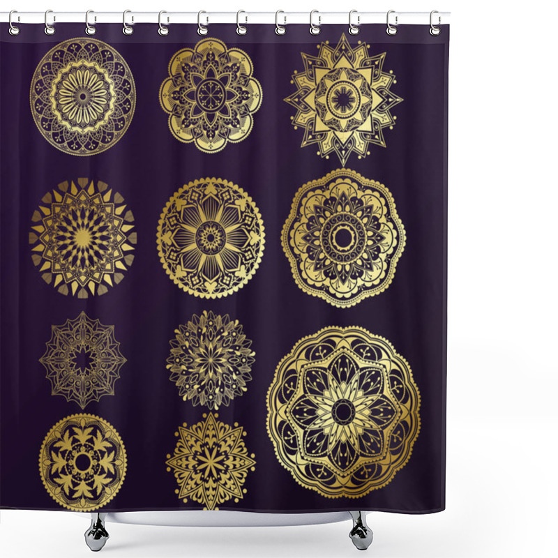 Personality  Golden Mandala Patterns Set On Black Background Shower Curtains