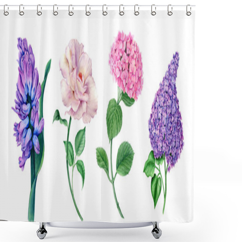 Personality  Set Of Flowers (violet Hyacinth, White Rose, Violet Syringa And Pink Hydrangea) Watercolor Illustration Isolated On A White Background Suitable For Floral Spring Designs Or Wedding Or Greeting Card Shower Curtains