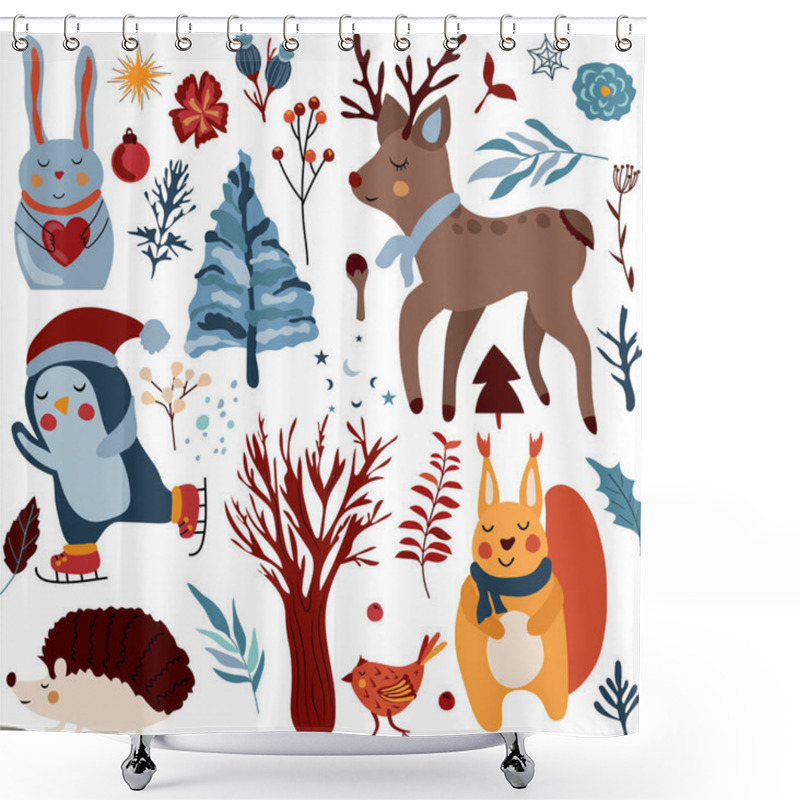 Personality  Magic Winter Animals, Cute Penguin On Skates, Reindeer, Funny Squirrel, Christmas Tree, Hedgehog, Colorful Leaves And Flowers. Scandinavian Animals. Perfect For Greeting Cards, Poster, Banner. Vector Shower Curtains