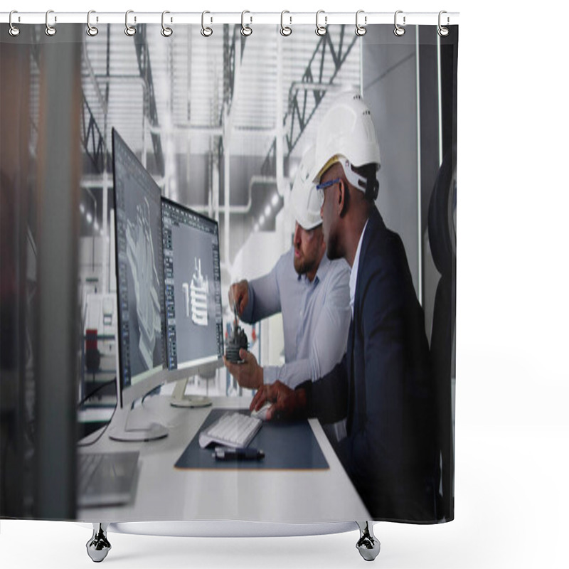 Personality  Engineer Doing 3D CAD Model Design On Computer At Factory Shower Curtains