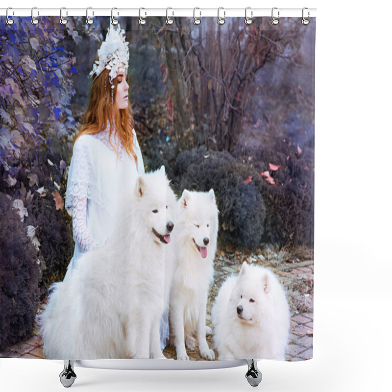 Personality  Red Hair (ginger) Beautiful Young Girl (snow Princess) In Long White Dress With Three Samoyeds Outdoor Shower Curtains