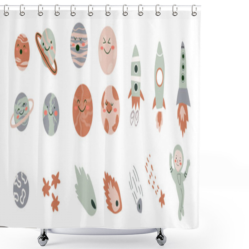 Personality  Space Bundle. Cosmic Objects And Child Astronaut. Galaxy Elements Collection. Cute Stellar, Planets Stickers Set. Shower Curtains