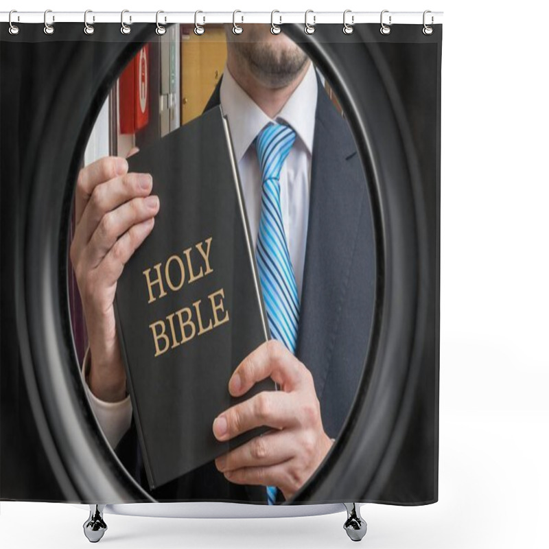 Personality  Jehovah Witness Is Showing Bible Behind Door. View From Peephole Shower Curtains