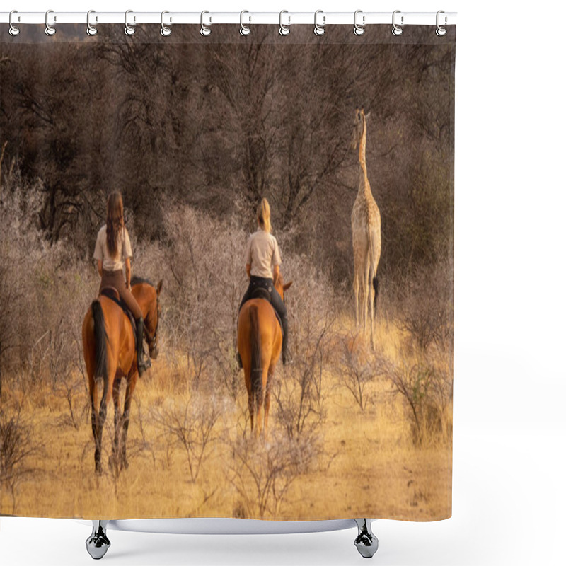 Personality  Brunette And Blonde Following Giraffe On Horseback Shower Curtains