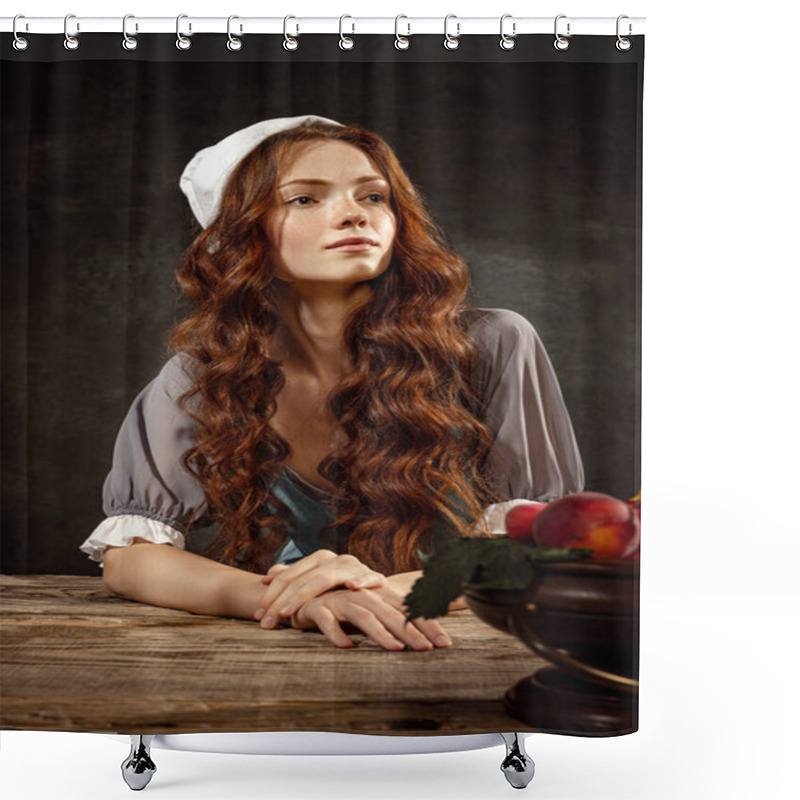 Personality  Vintage Portrait Of Young Adorable Redhead Girl In Image Of Medieval Person, Peasant Woman In Renaissance Style Dress Isolated On Dark Background. Comparison Of Eras, Beauty, History, Art, Creativity. Shower Curtains