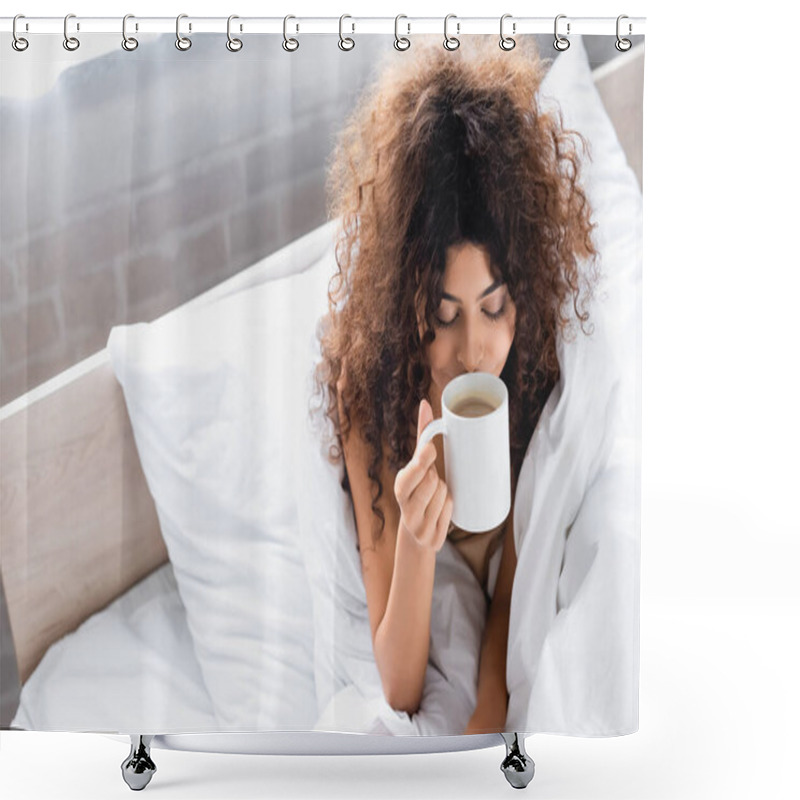 Personality  High Angle View Of Young Curly Woman Smelling Coffee In Bedroom Shower Curtains