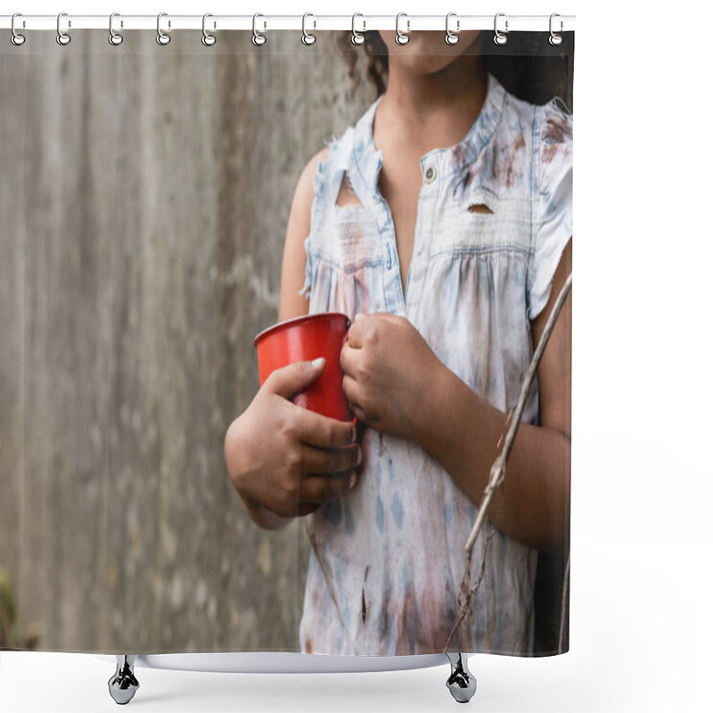 Personality  Cropped View Of Poor African American Kid In Dirty Clothes Holding Metal Cup On Urban Street  Shower Curtains