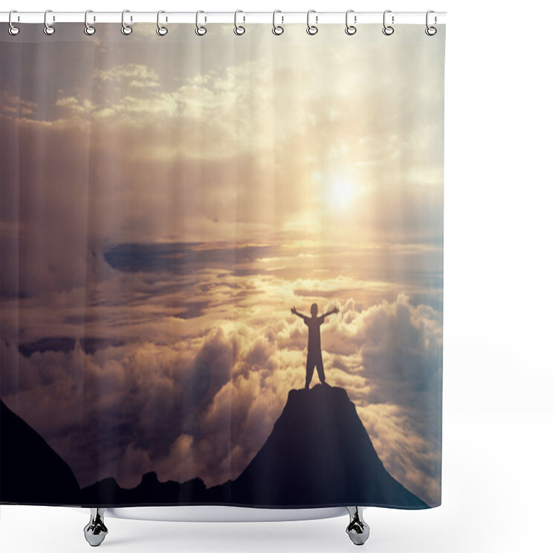 Personality  A Boy Standing On The Top Of The Mountain Above The Clouds. Succ Shower Curtains