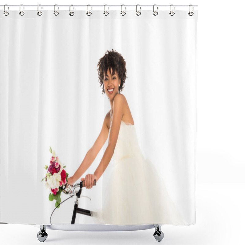 Personality  Happy African American Bride In Wedding Dress Holding Flowers While Riding Bicycle Isolated On White  Shower Curtains