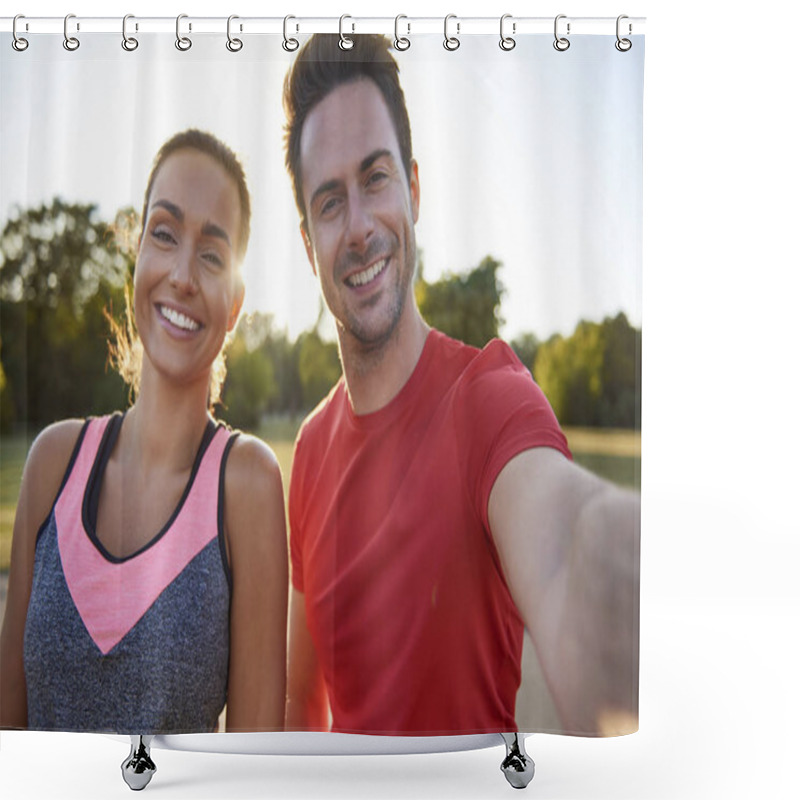 Personality  Selfie Of Young Couple After Workout On The Fresh Air  Shower Curtains