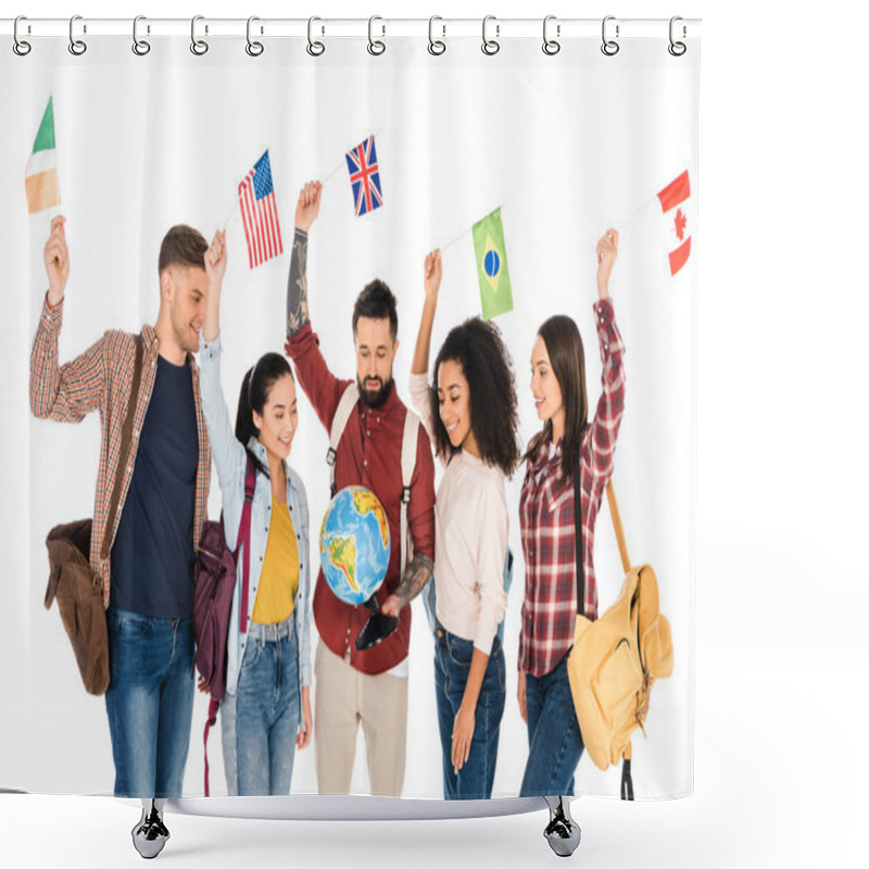 Personality  Multiethnic Group Of People Standing With Backpacks And Looking At Globe While Holding Flags Of Different Countries Above Heads Isolated On White Shower Curtains