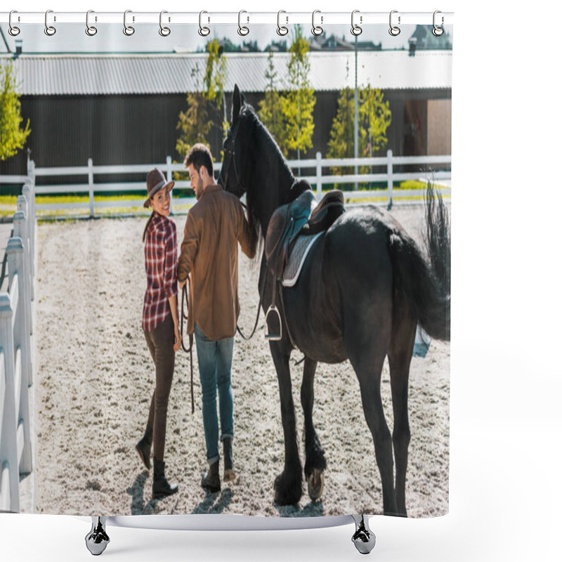 Personality  Back View Of Cowboy And Cowgirl Walking With Horse At Ranch Shower Curtains