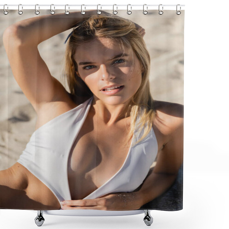 Personality  A Young, Beautiful Blonde Woman In A White Bikini Is Relaxing On Miami Beach, Soaking Up The Sun And Enjoying The Ocean Breeze. Shower Curtains