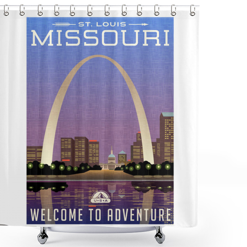 Personality  Missouri, United States Travel Poster Or Luggage Sticker. Scenic Illustration Of The Gateway Arch And Downtown St. Louis At Night. Shower Curtains