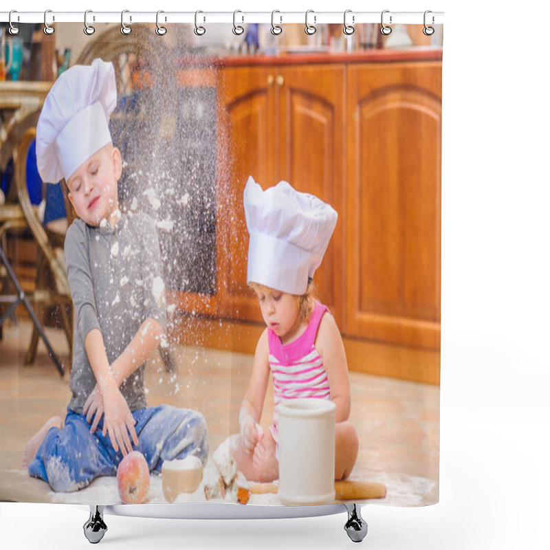 Personality  Two Siblings - Boy And Girl - In Chef's Hats Sitting On The Kitc Shower Curtains