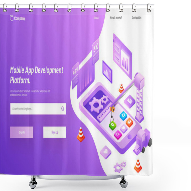 Personality  Isometric Illustration Of Smartphone With Multiple Application Under Maintenance. Landing Page Design For Mobile App Development Concept. Shower Curtains