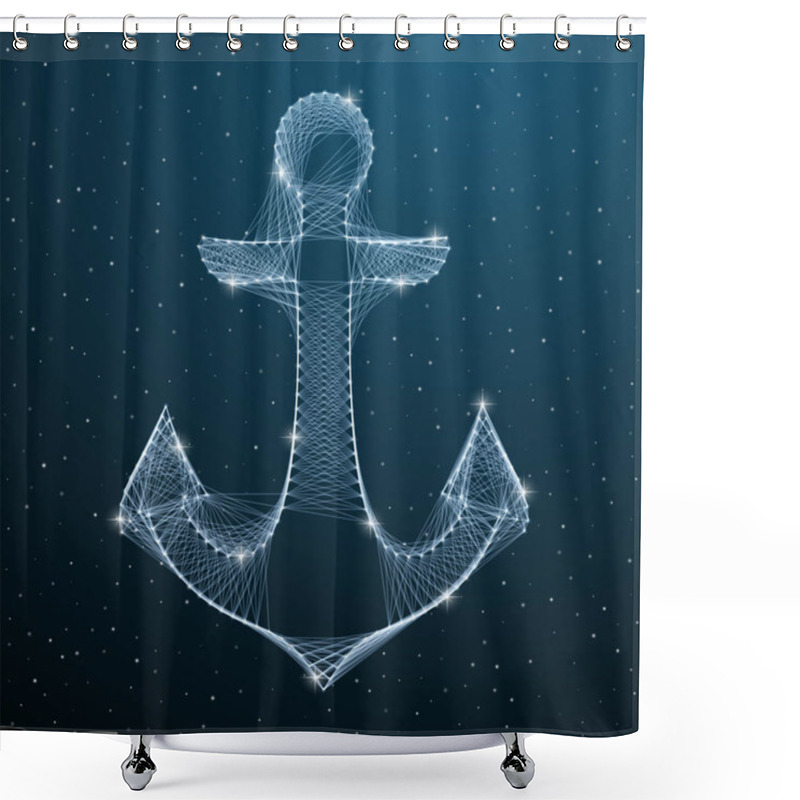 Personality  Nautical Anchor Low Poly Digital Silhouette With Lines And Dots On Blue Dark Star Sky. Polygonal 3d Marine Anchor Connection. Vector Illustration Shower Curtains