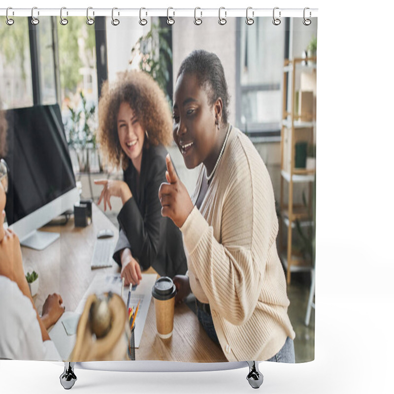 Personality  Creative Team Of Ambitious Multiethnic Businesswomen Talking Near Computer And Documents In Office Shower Curtains