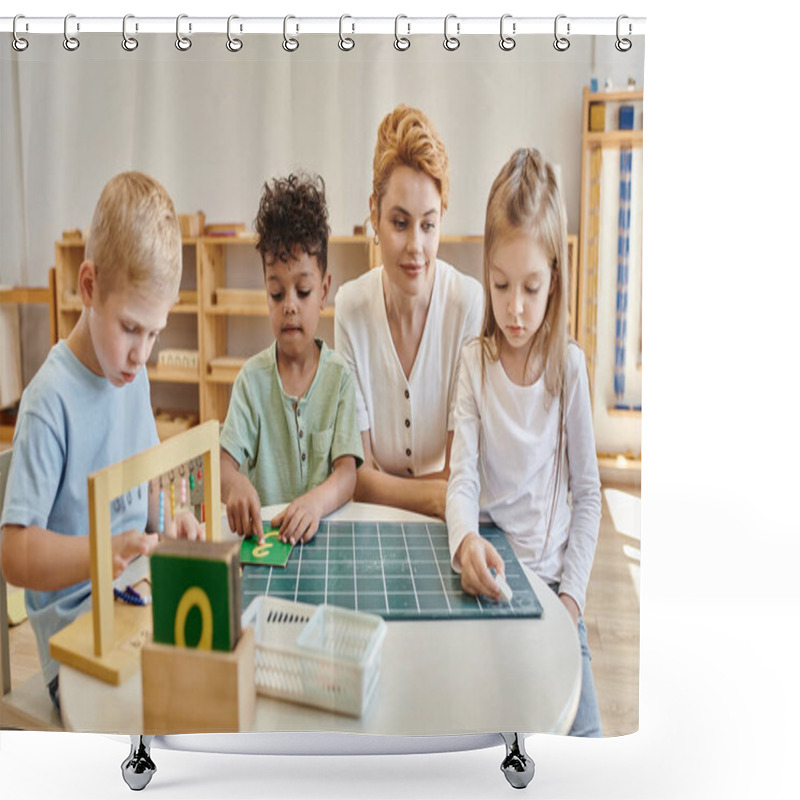 Personality  Montessori School Concept, Multicultural Children, Girl Writing On Chalkboard Near Teacher And Boys Shower Curtains