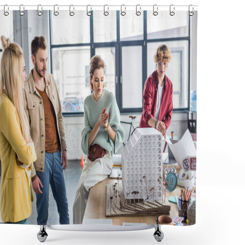 Personality  Concentrated Group Of Female And Male Architects Working Together On House Model In Loft Office Shower Curtains